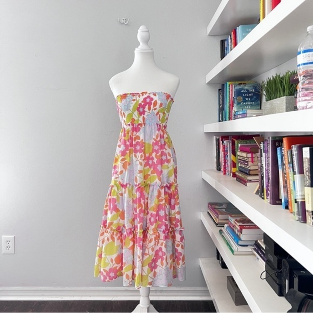 Strapless Floral Midi Dress in Pink & Green